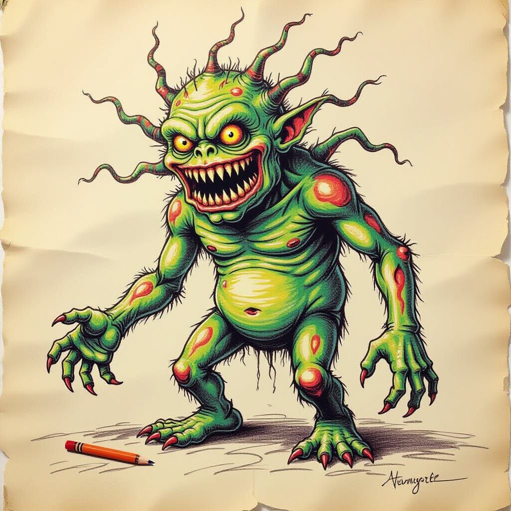 Disturbing Multi-Limbed Monster in Naive Art Style