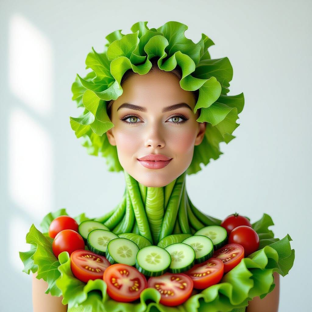 Woman Formed From Fresh Salad Ingredients Photorealistic