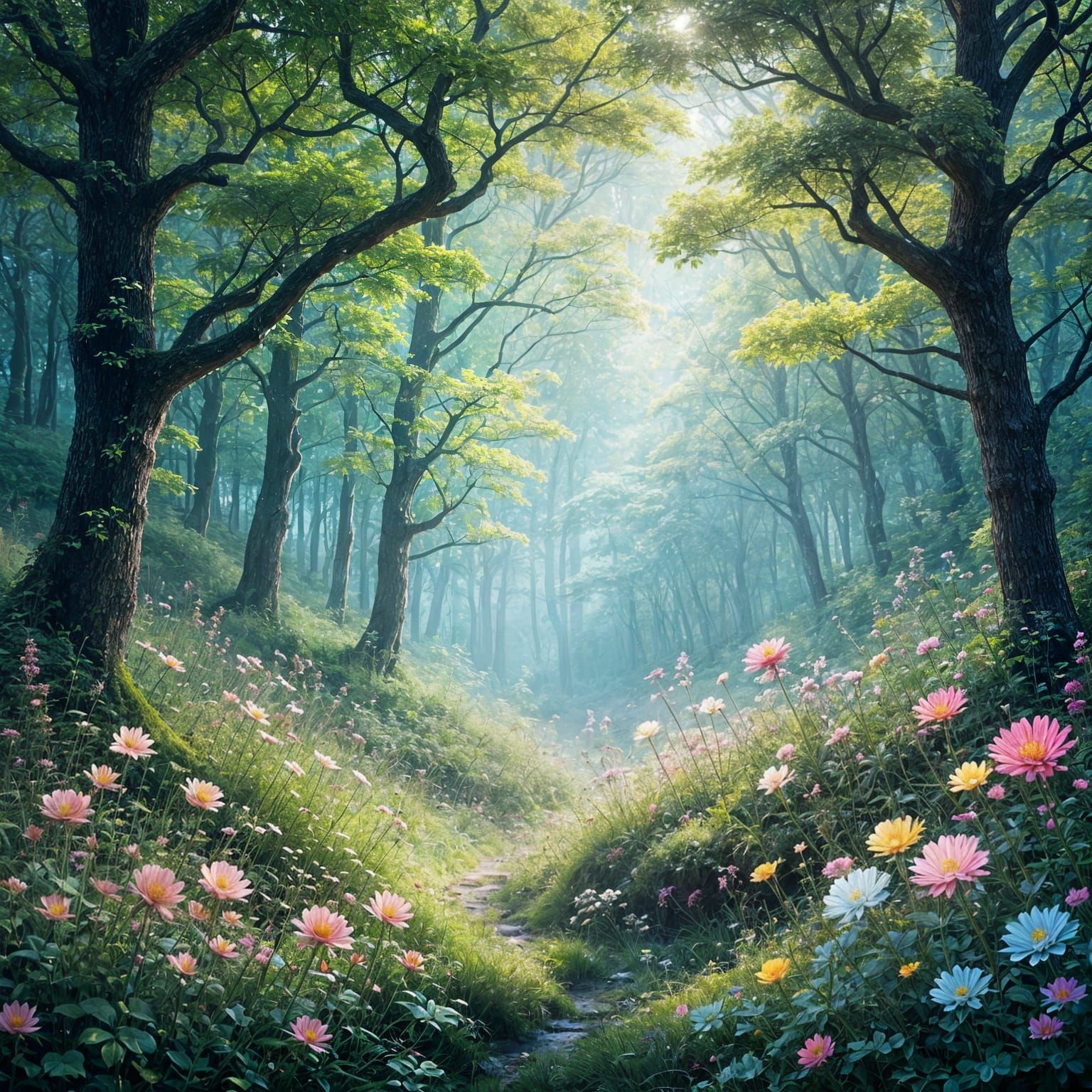 Mystical Forest Glade in Pre-Raphaelite Style
