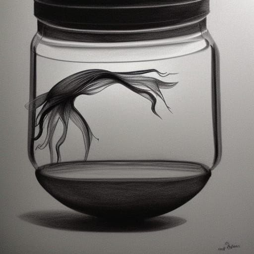 Charcoal drawing, fishbowl containing betta fish, white background, few details, dreamy, studio ghibli