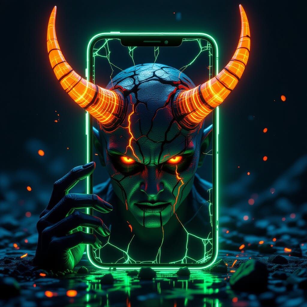 Demonic Neon Figure Stares from Glitching Screen