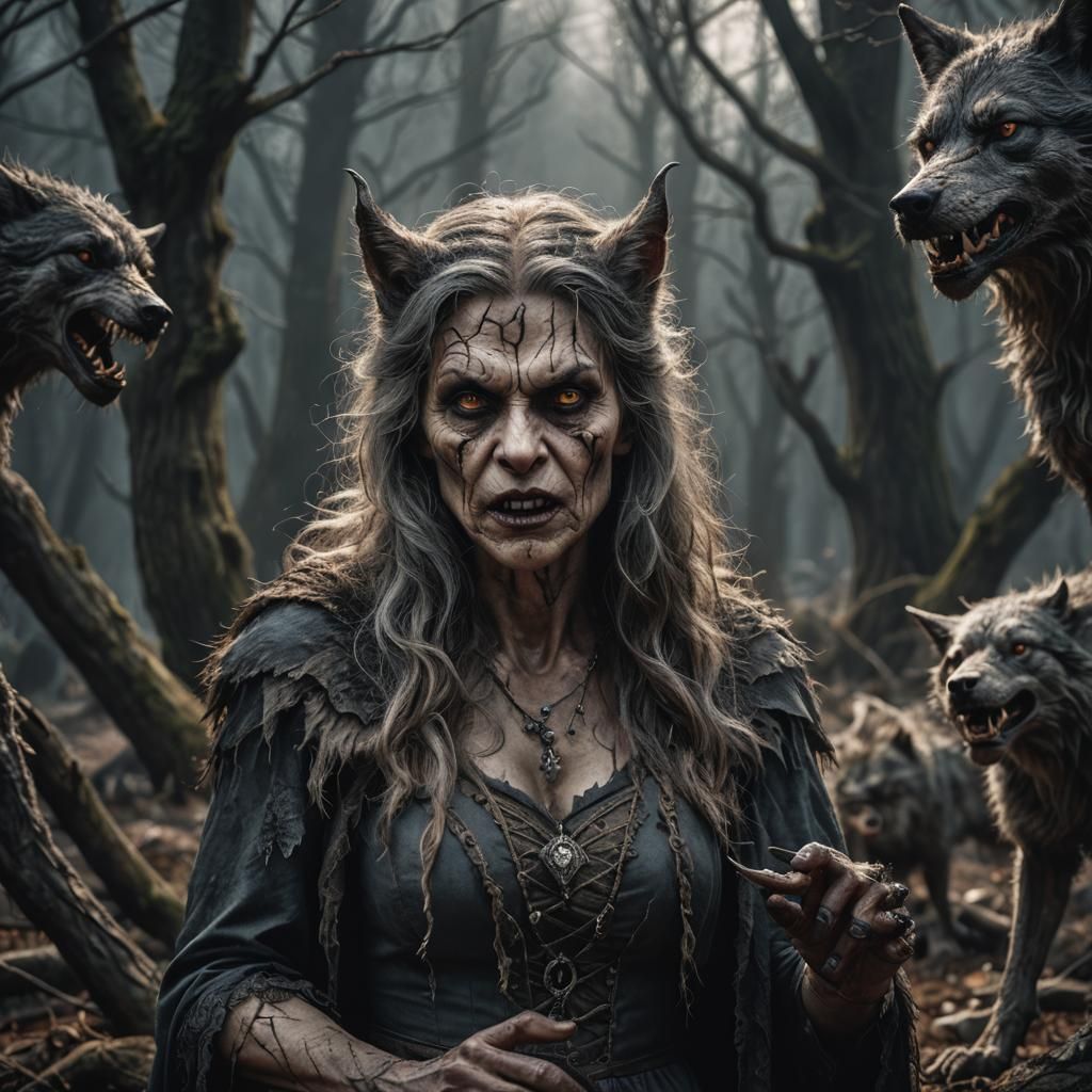 Hyperrealistic Werewolf Witch in Cinematic Lighting