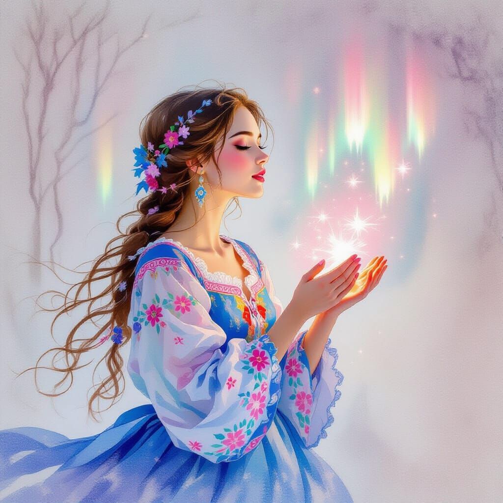 Ukrainian Woman Gazing at Pink Polar Lights