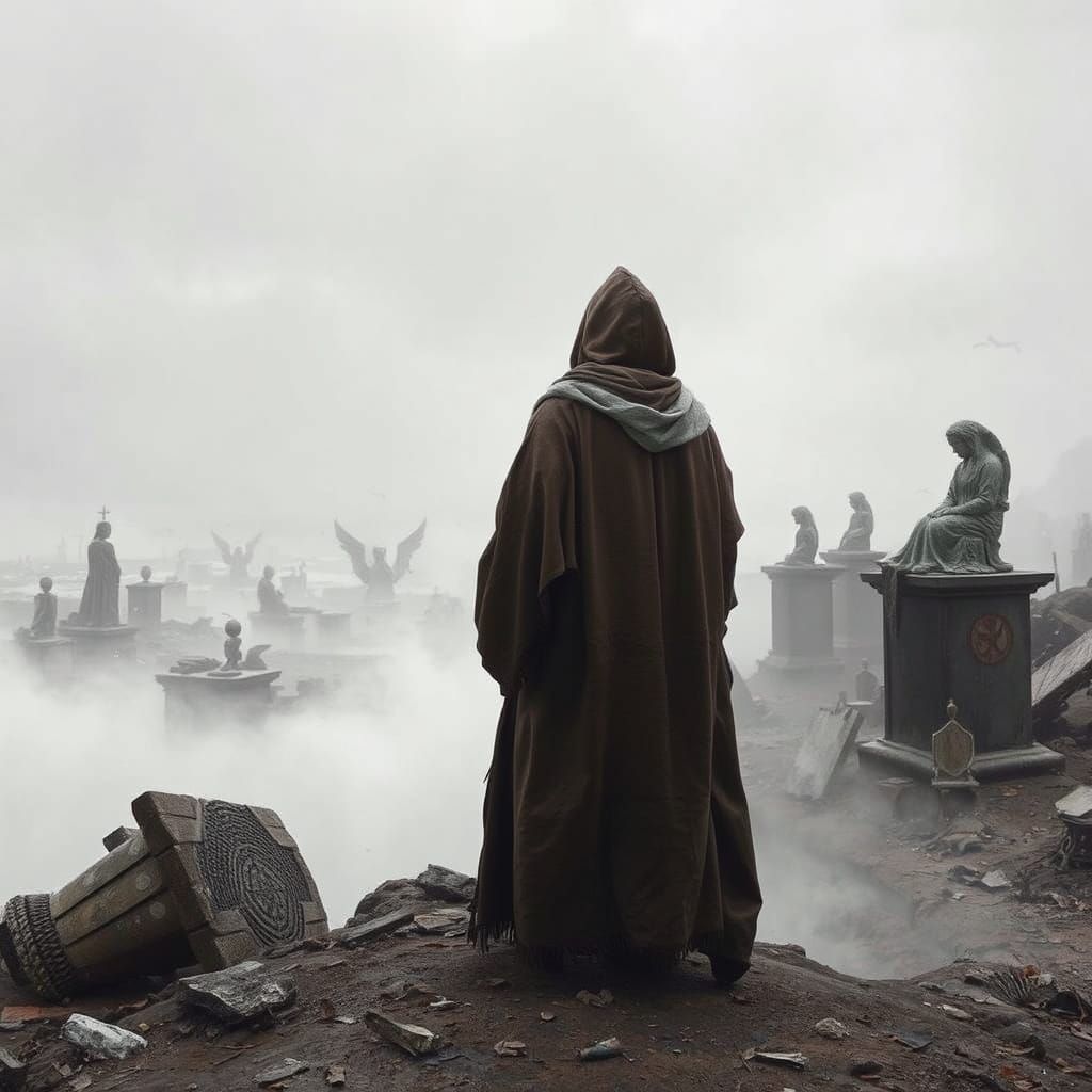 Decaying Dreamscape with Hooded Figure in Surreal Style