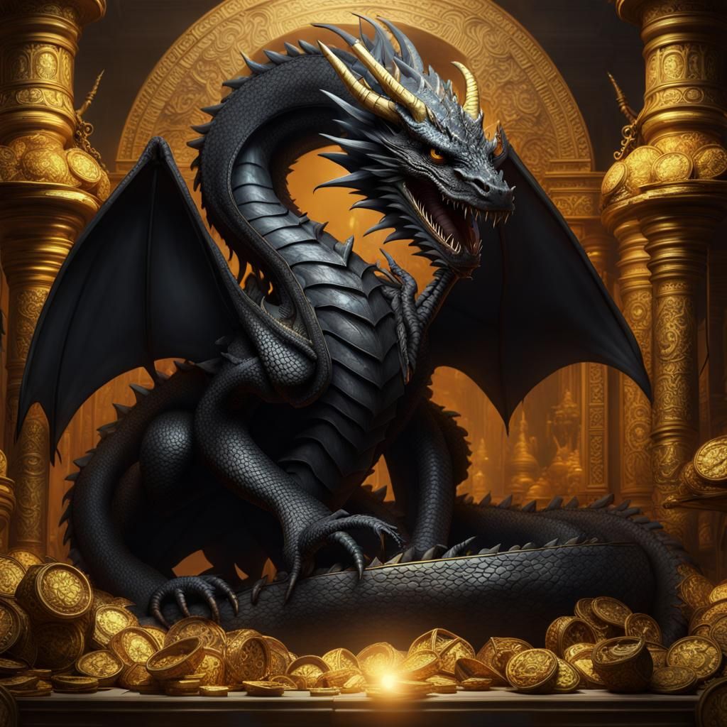Ancient Black Dragon Guarding Golden Treasure