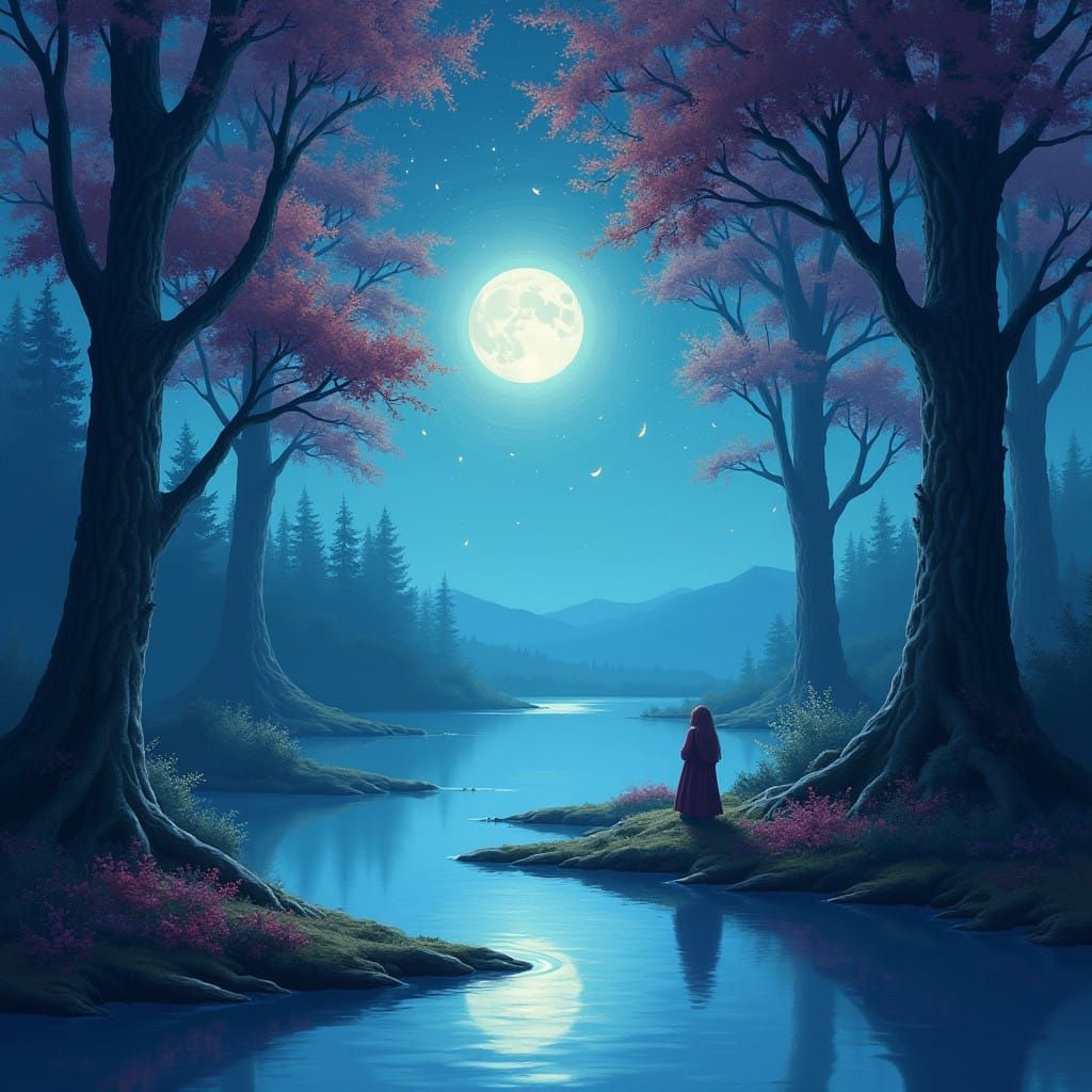 Dreamlike Scene of Lone Figure in Moonlit Forest
