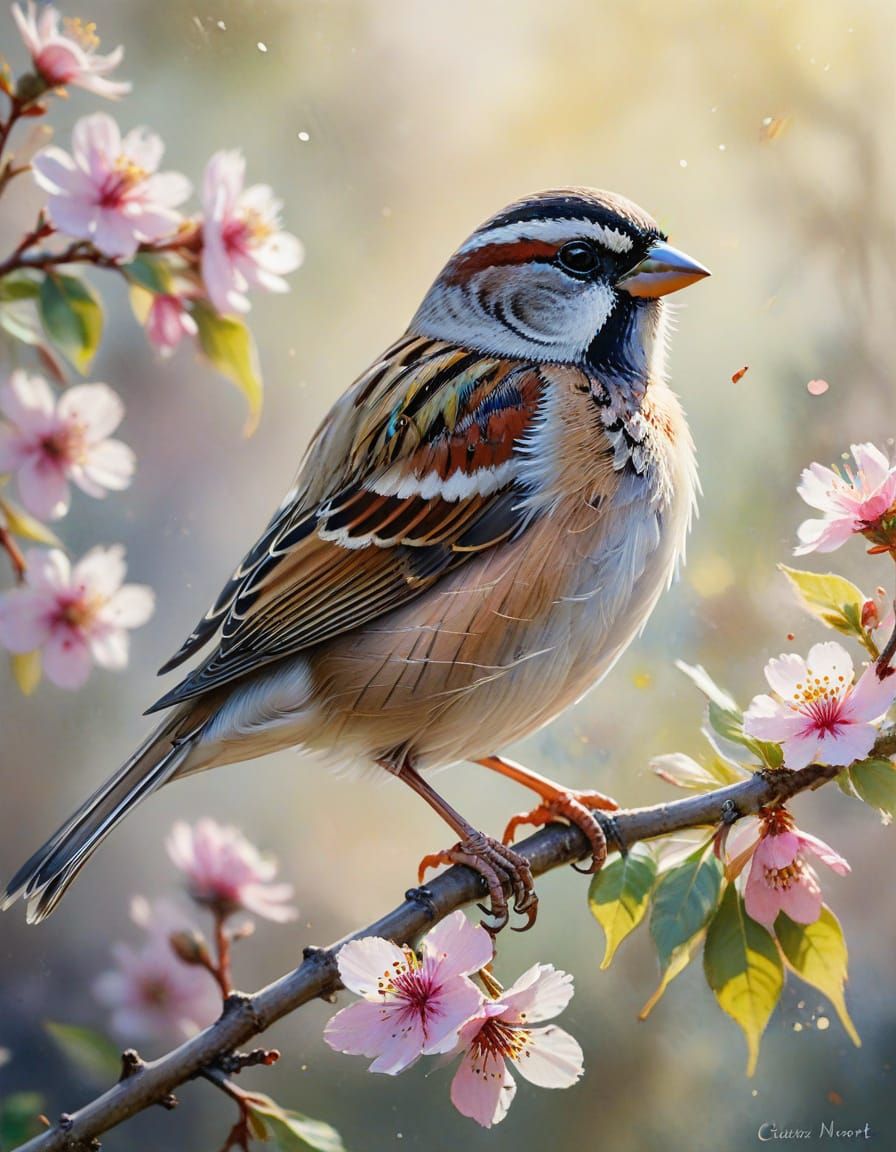 Vibrant Sparrow Perched in Blooming Garden, in Impressionist...