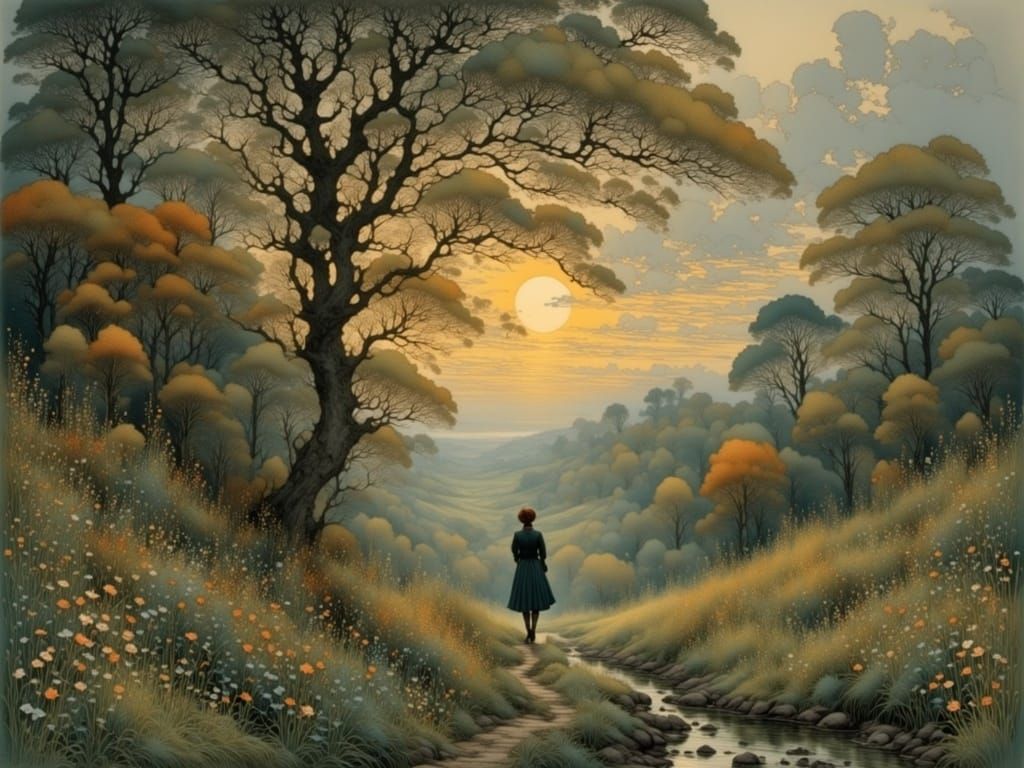 Woman in Moonlit Garden with Autumn Foliage