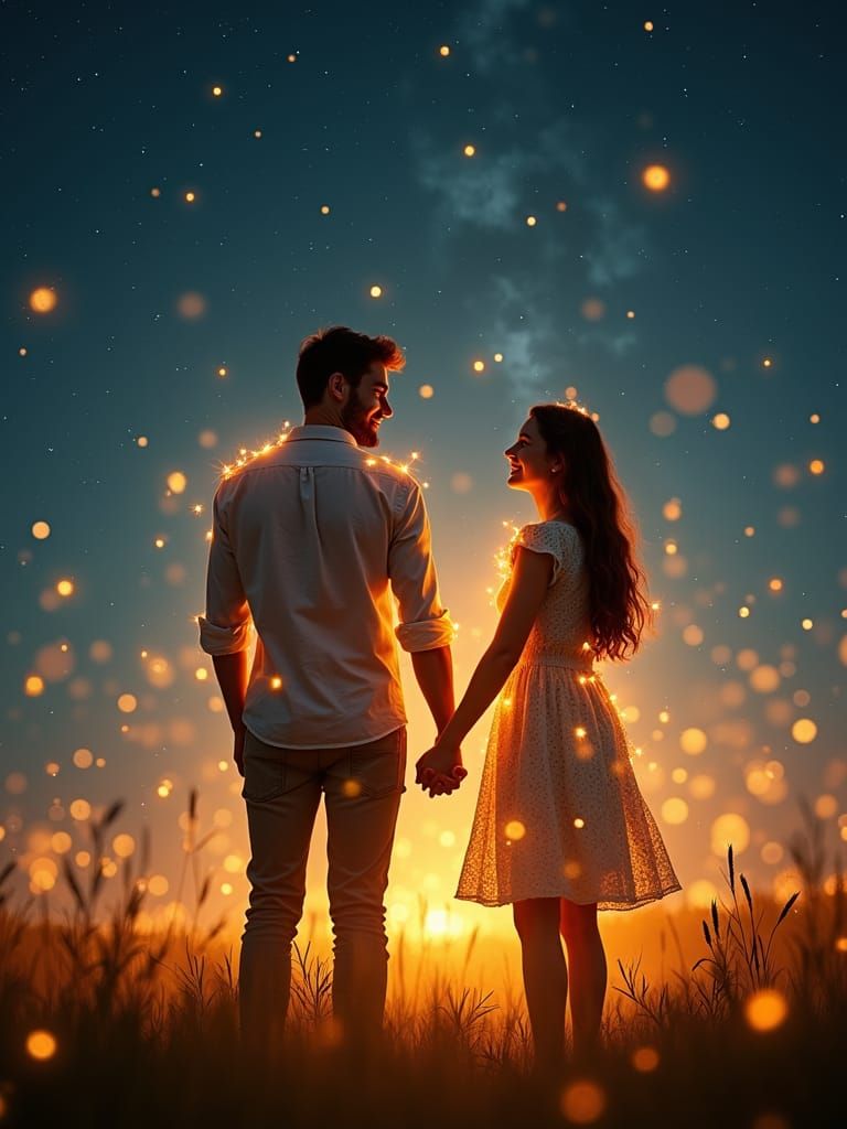 Ethereal Couple in Firefly Field Under Starry Sky