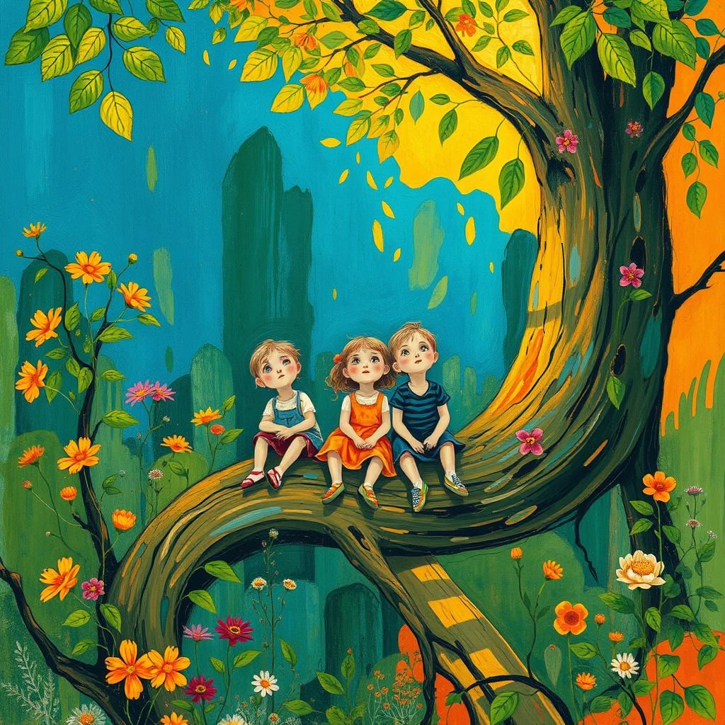 Children Discovering a Whimsical Forest, Carne Griffiths Sty...