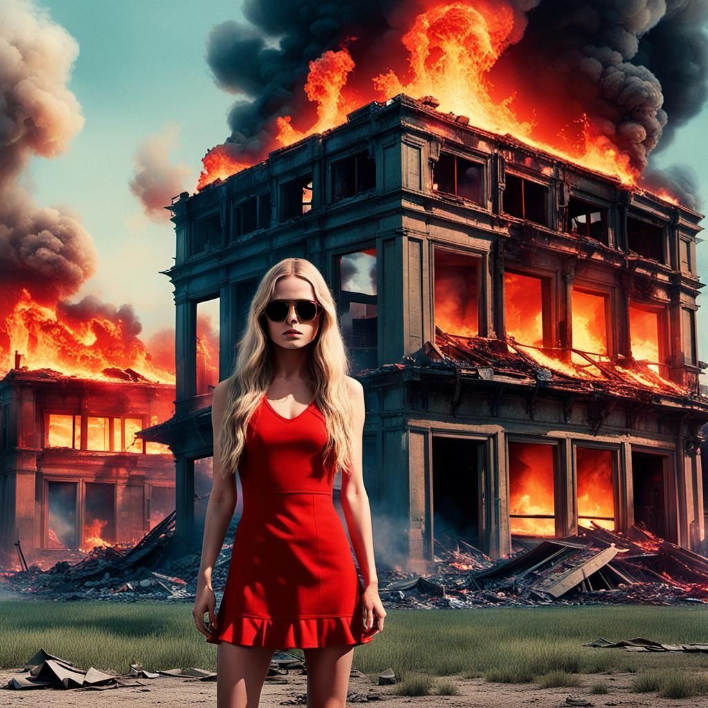 Retrofuturistic Movie Poster of Woman Before Burning Buildin...