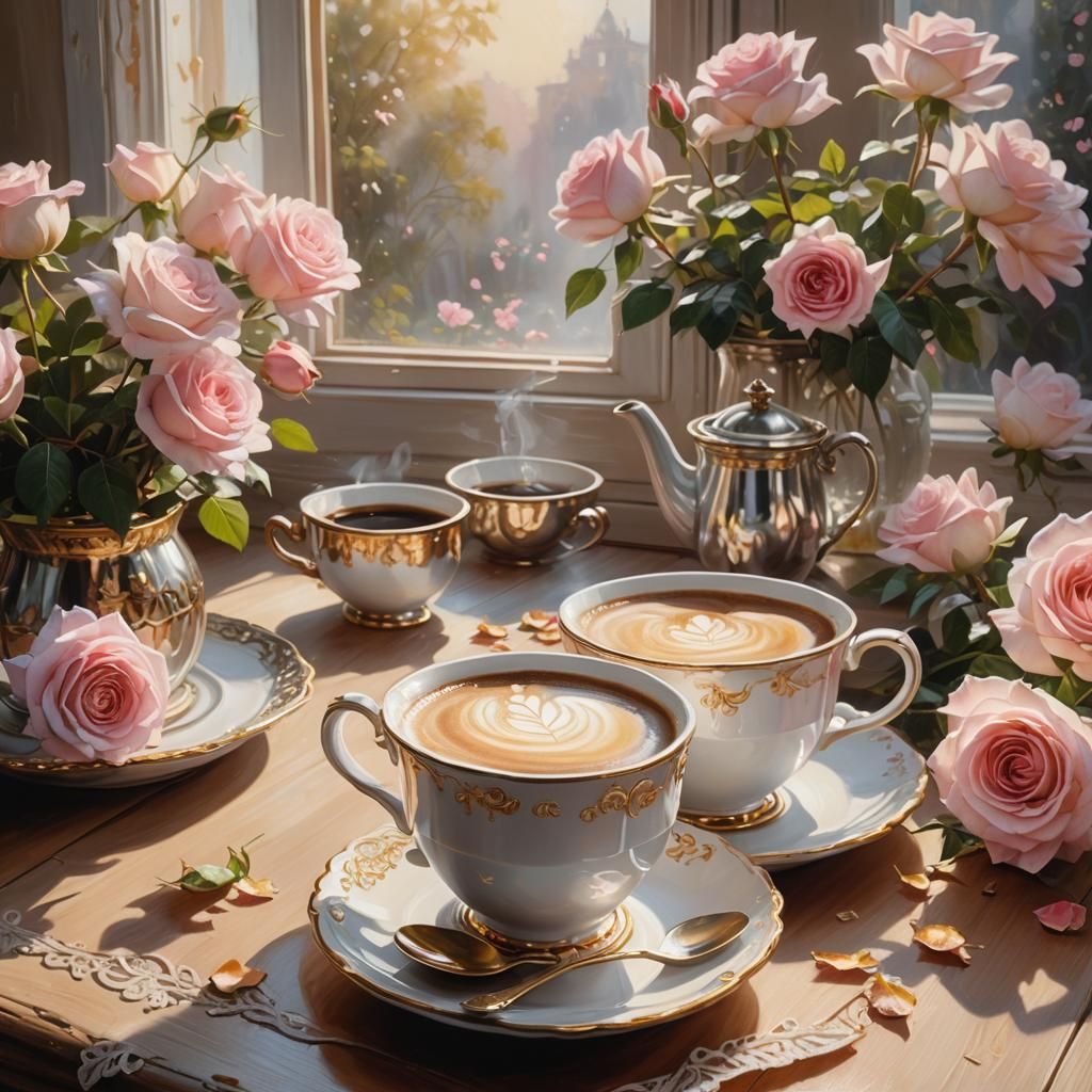 Steaming Coffee Cup with Roses in Oil Painting Style