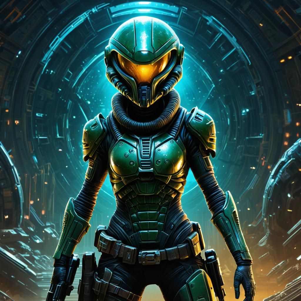 Alien Bounty Hunter in Cinematic Comic Art Style