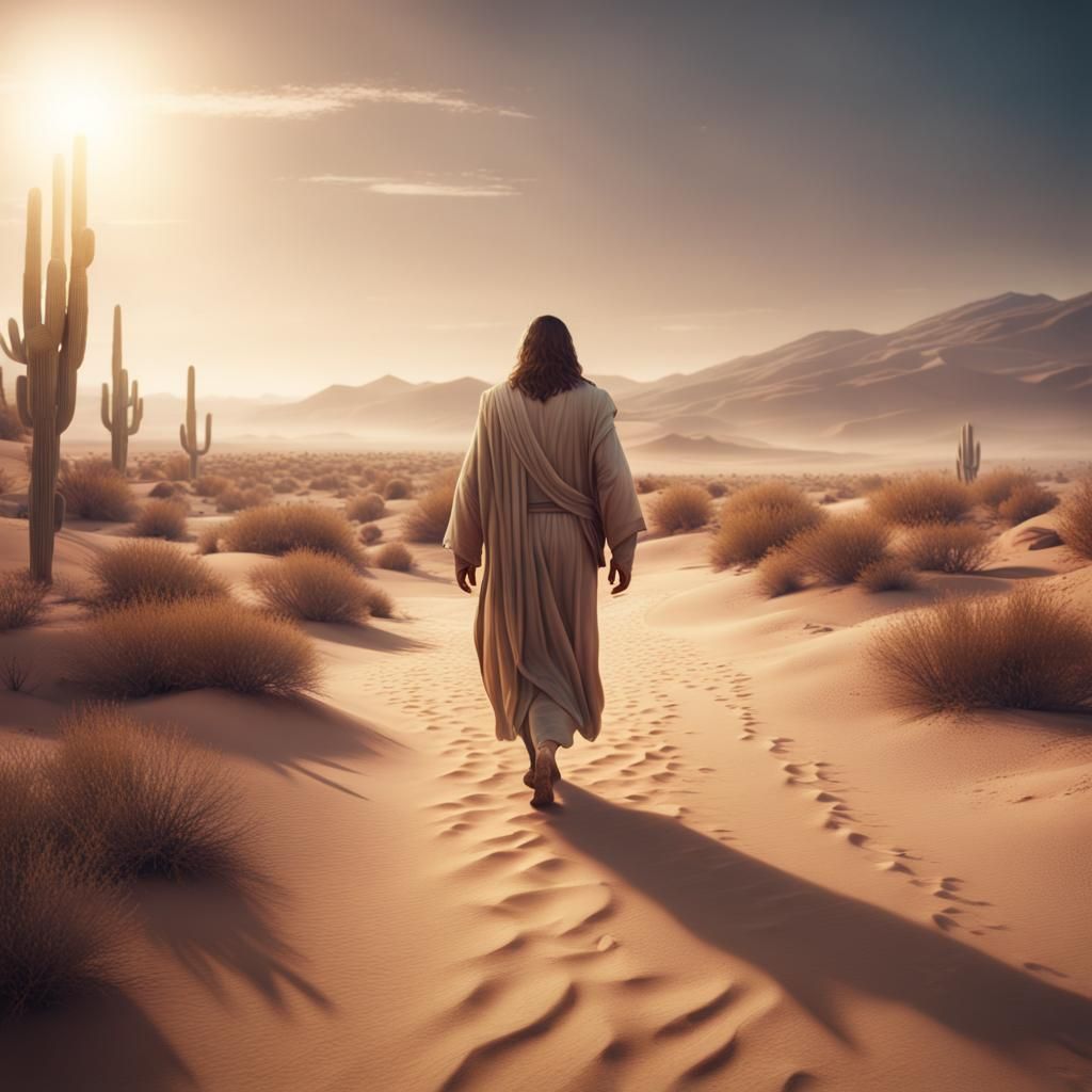 Jesus Walks Desert Path: Detailed Matte Painting