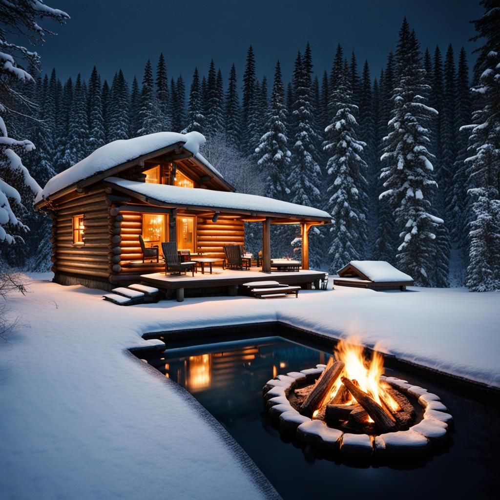 Night Pool at Snowy Canadian Log Cabin