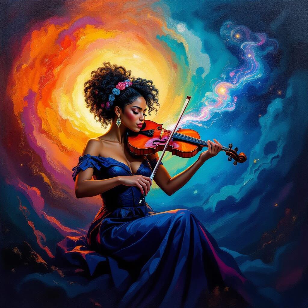 Afro-Latina Musician in Cosmic Nebula, Oil Painting Style