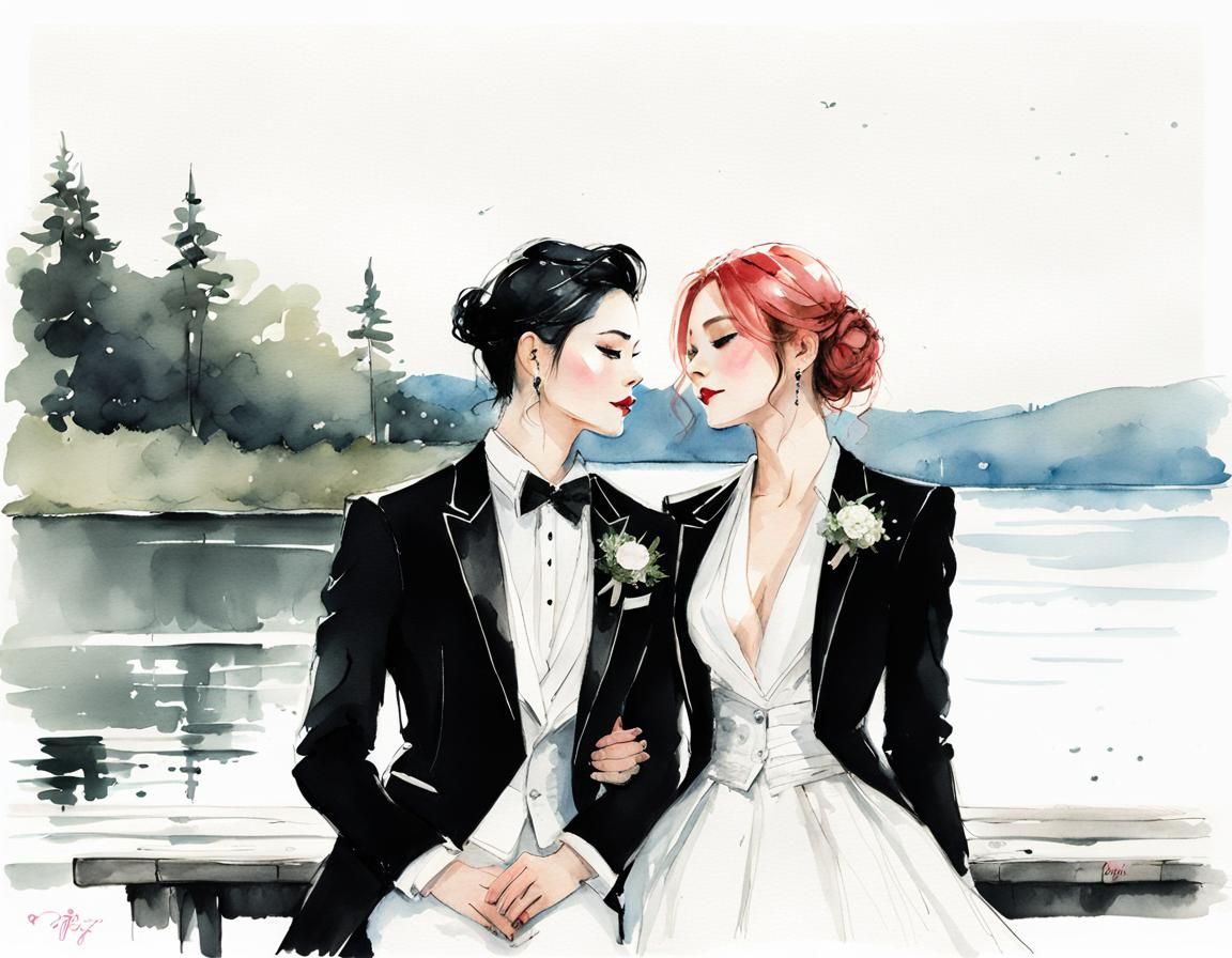 Lesbian Wedding by the Lake in Watercolor Style