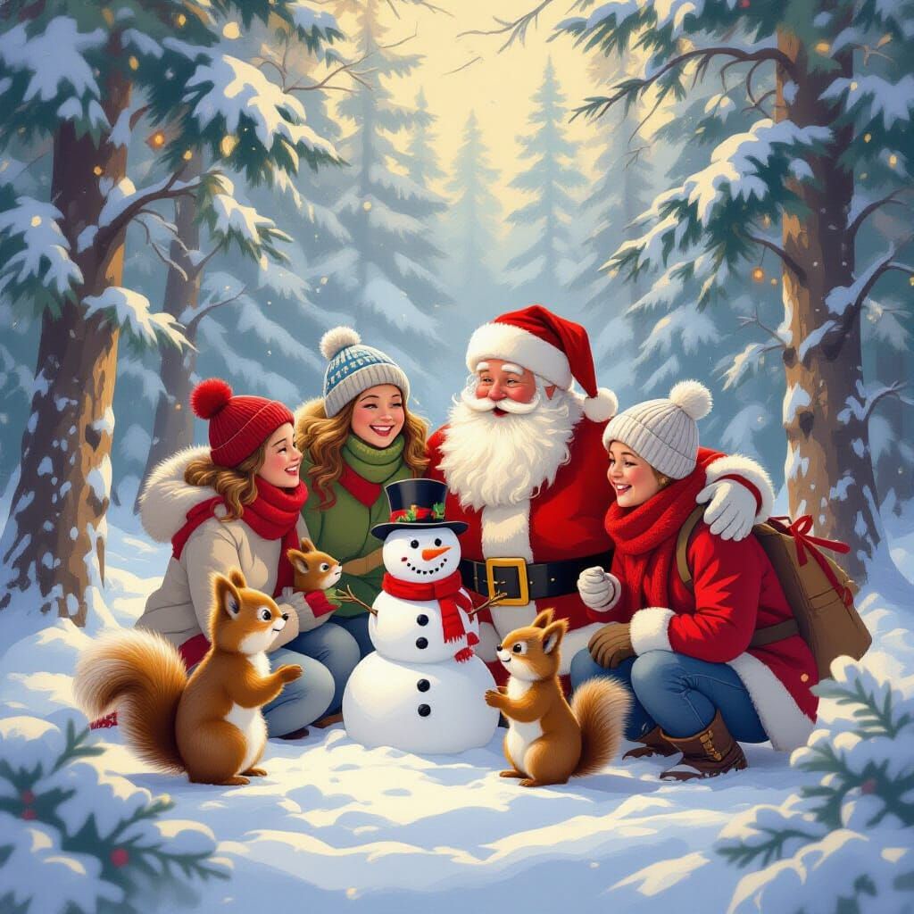 Joyful Winter Gathering with Santa and Family in Snowy Fores...