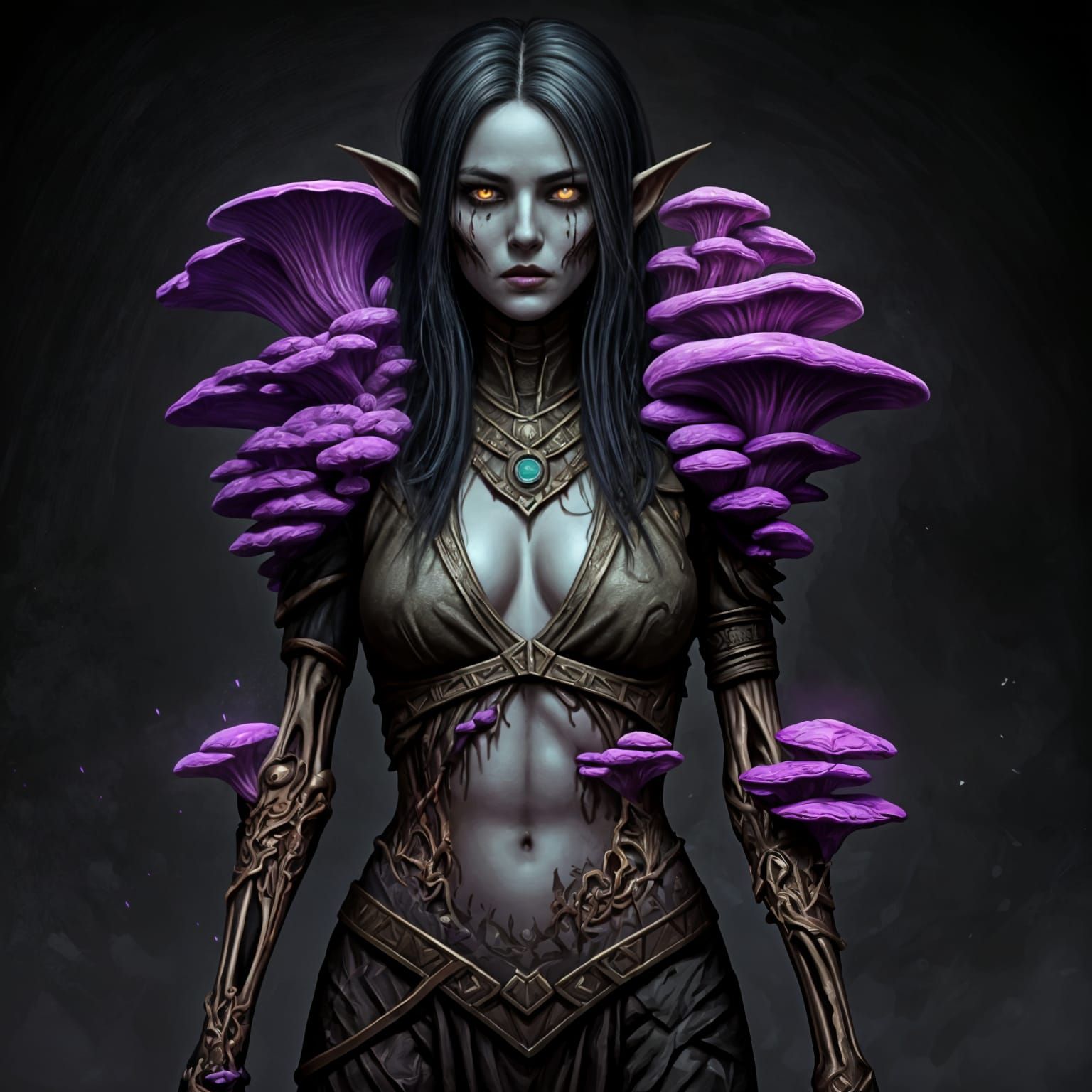 Undead Dark Elf Covered in Pulsating Purple Fungi