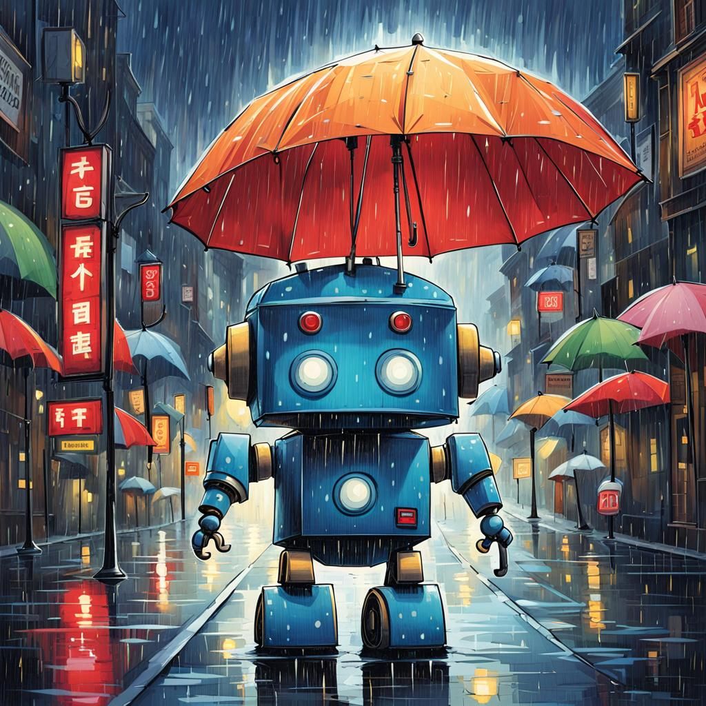 Lonely Robot in the Rain: Japonisme Illustration