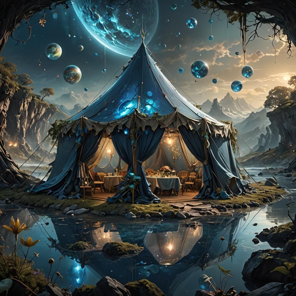 Bioluminescent Tent near River with Fantasy Fairies