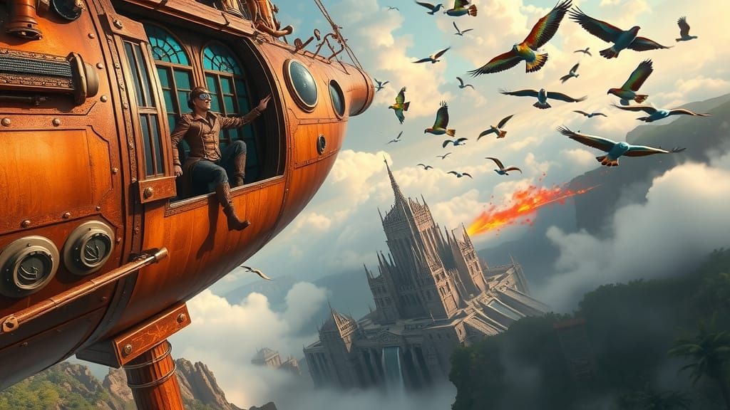 Steampunk Aviator Leaps into Jungle Chasm