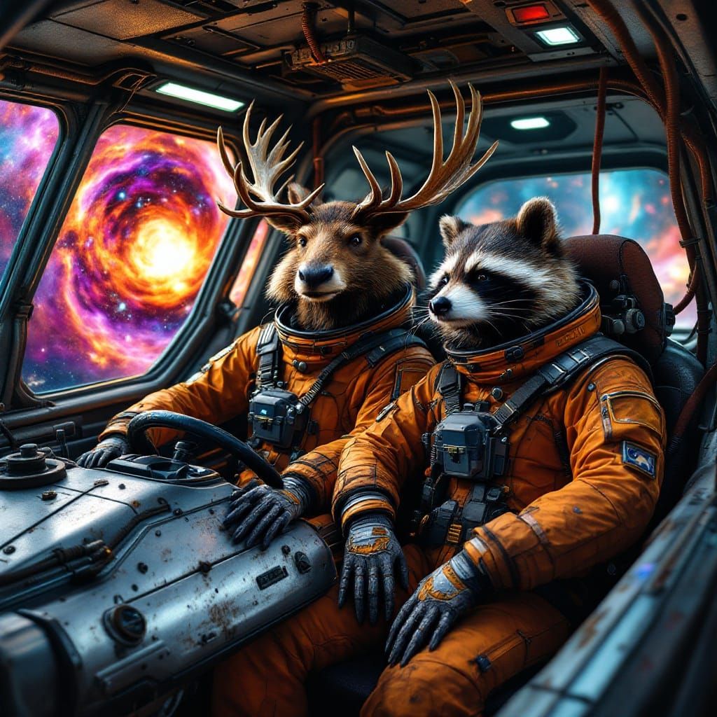 Moose and Raccoon Astronauts in Volvo Spaceship
