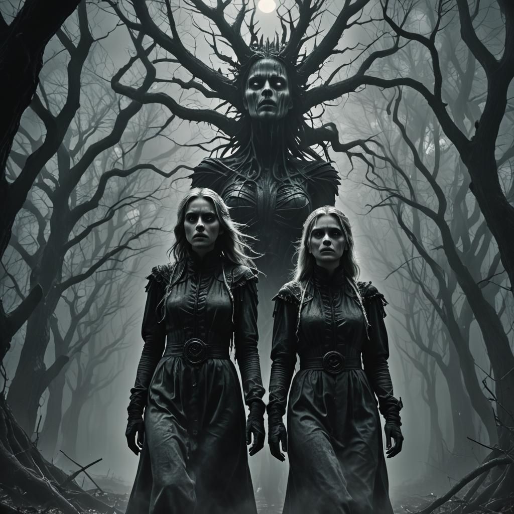 Eerie Dystopian Forest Encounter in Dark Surrealism
