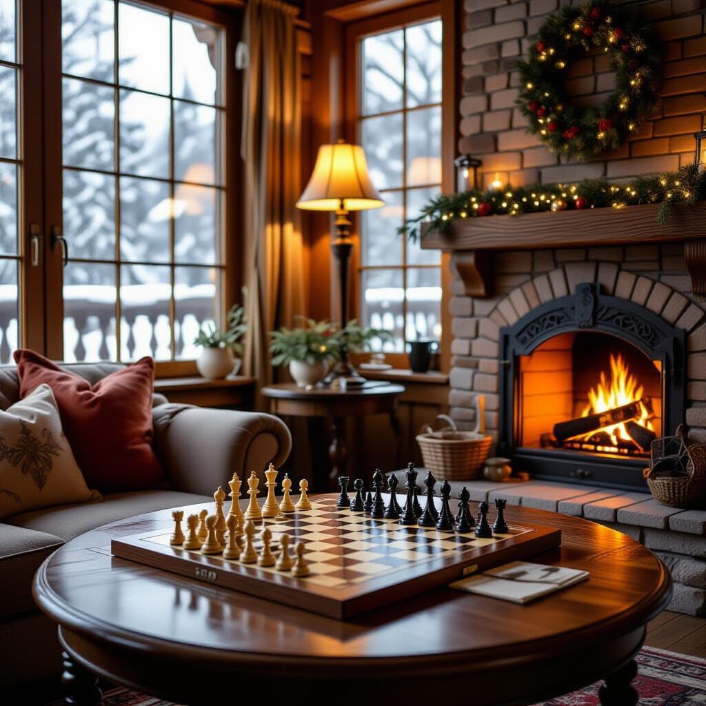 Elegant Chess Game by Firelight: Charcoal Drawing