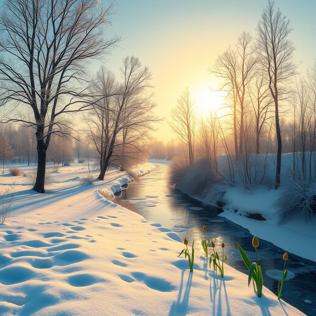 Russian Spring Dawn: Melting Snow, Bursting River, and Swoll...