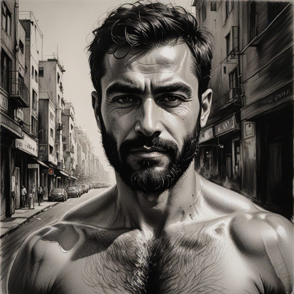 A Handsome, Hirsute Turkish Gentleman in Sharp Line Drawing