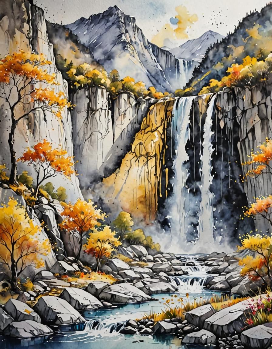 Mountain Waterfall in Watercolour with Splatter Sky