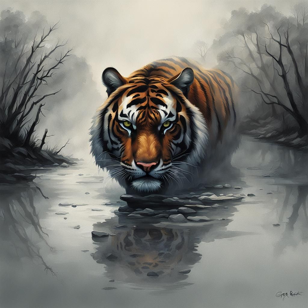 Mysterious Tiger Eyes in Mist, Sinister Art