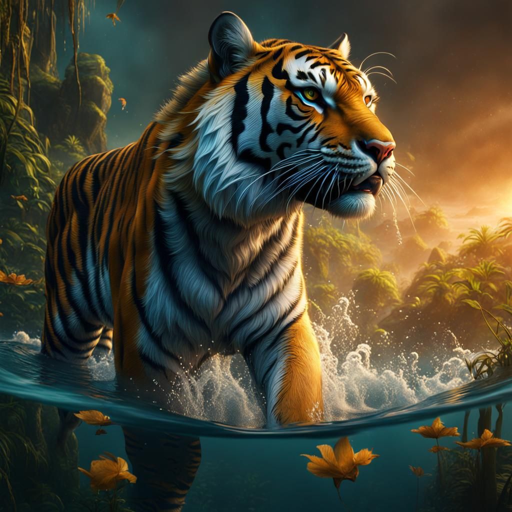 Tiger in Water: Detailed Fantasy Art