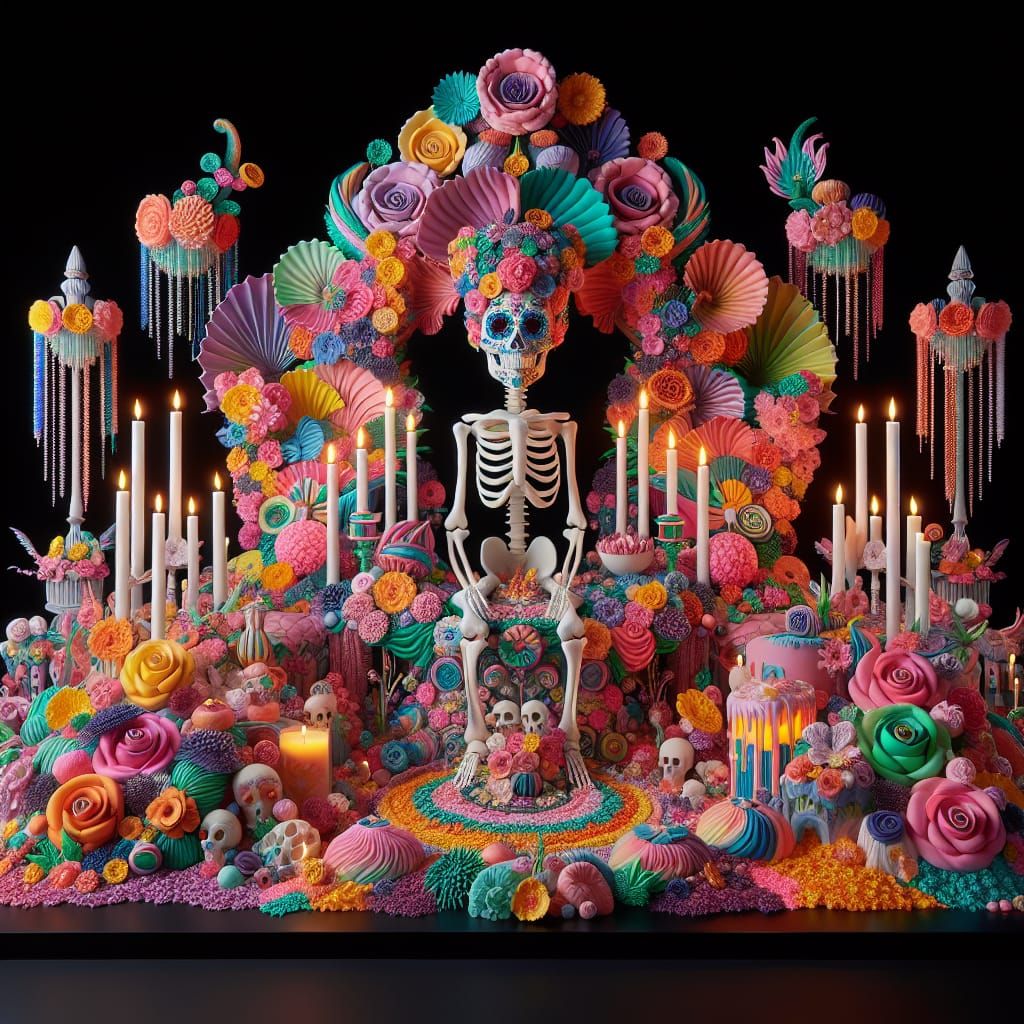 Vibrant Plasticine Sugar Skull in Rococo Style