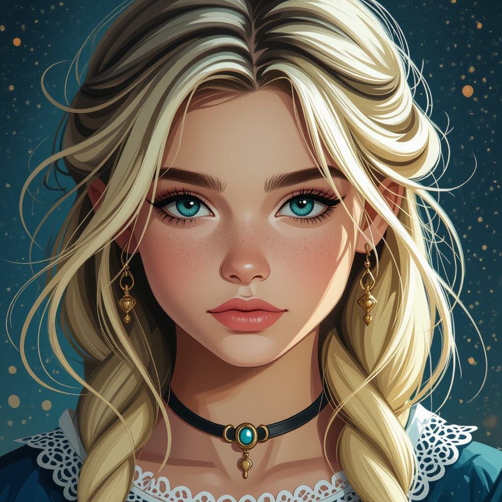 Teenage Girl with Blond Hair and Dark Eyes in Fantasy Art St...
