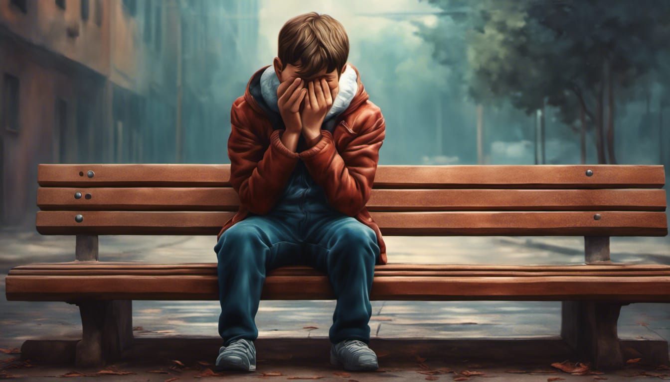 Boy Crying on Bench in Hyperrealistic Style