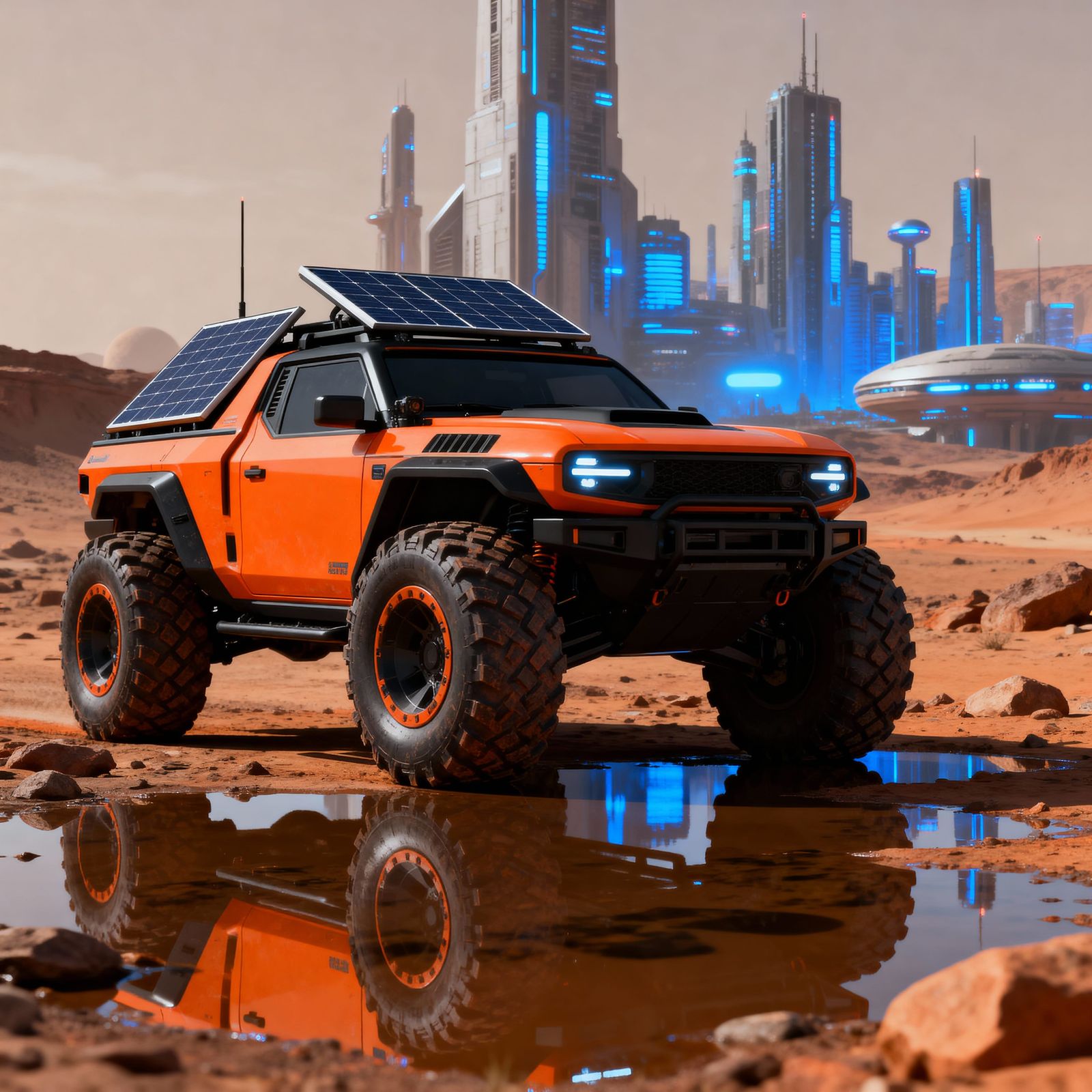 Mars Off-Road Sci-Fi Vehicle in Futuristic Cityscape