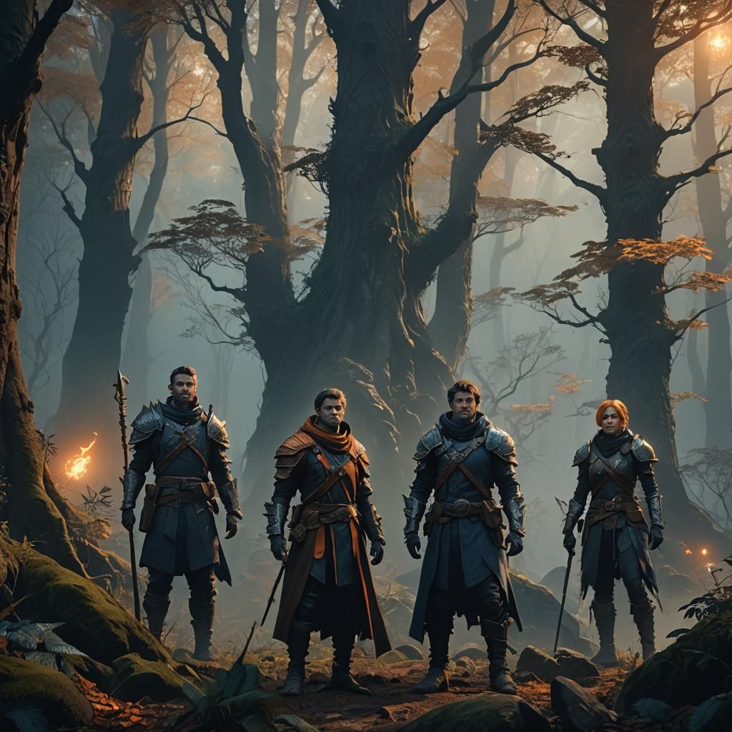 Four Adventurers in Mystical Forest, Fantasy Concept Art