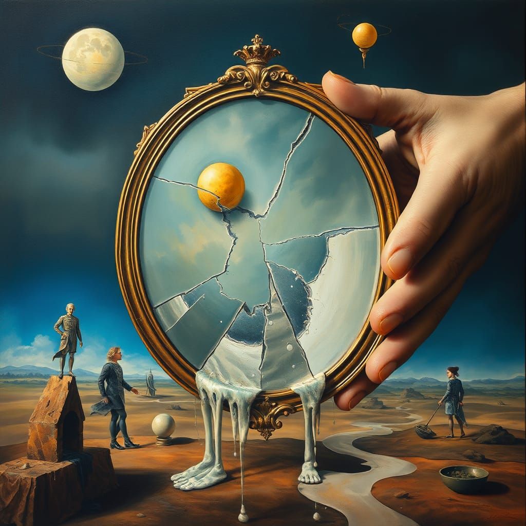 Surreal Broken Mirror in Hand, Dali Style