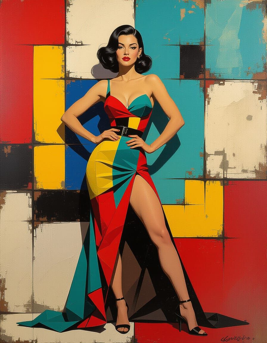 Abstract Pin-Up Fusion in Digital Brushwork Style