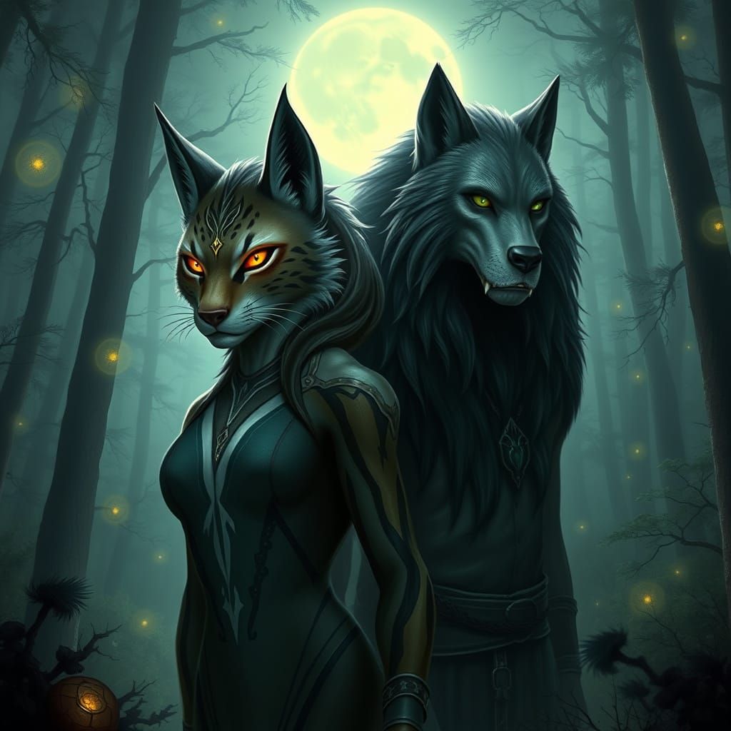 Mystical Beast-People in Bioluminescent Forest