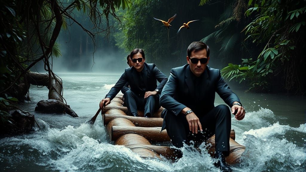 Men in Black Raft Adventure in Dense Jungle