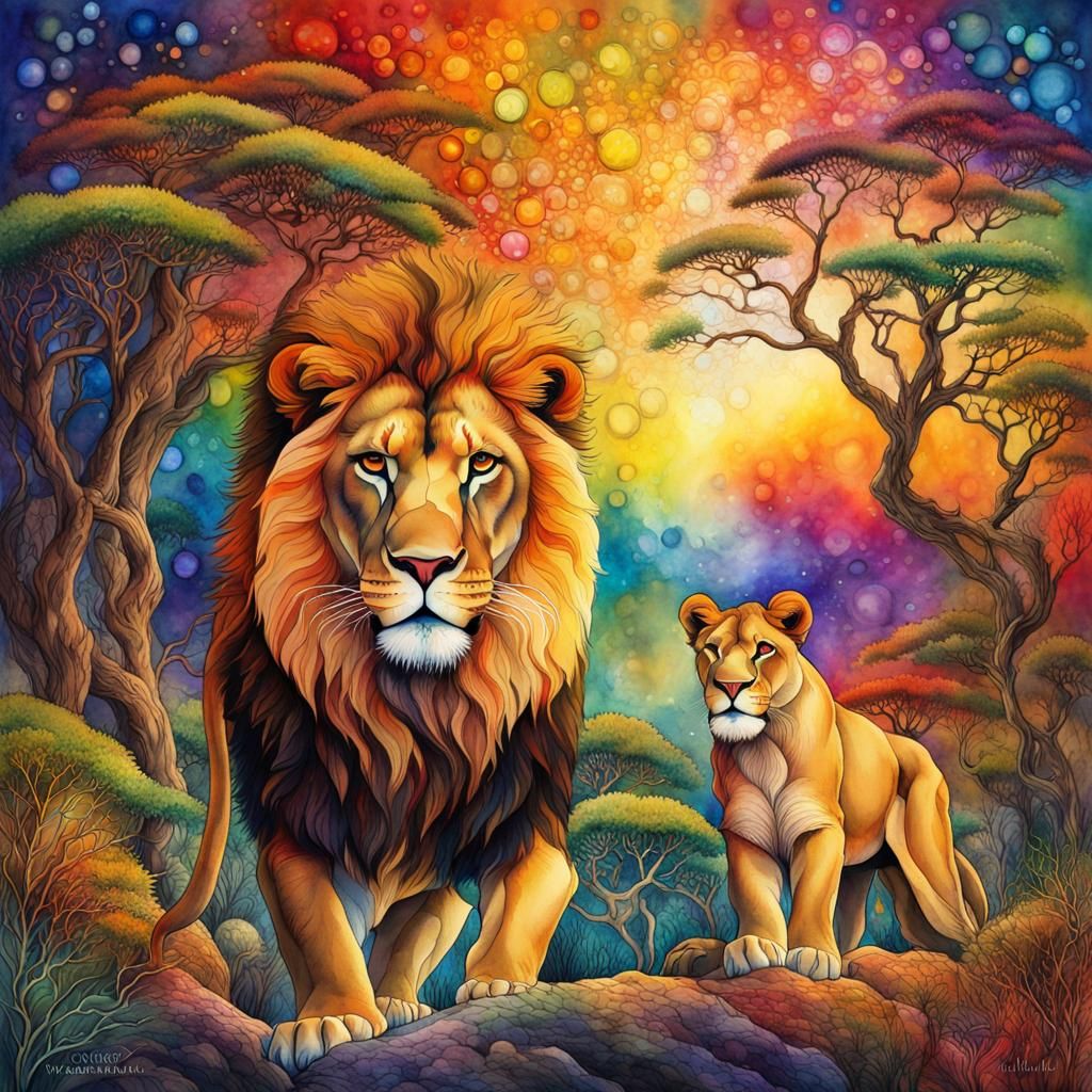 Lions in Savanna: Stained Glass Watercolor Painting