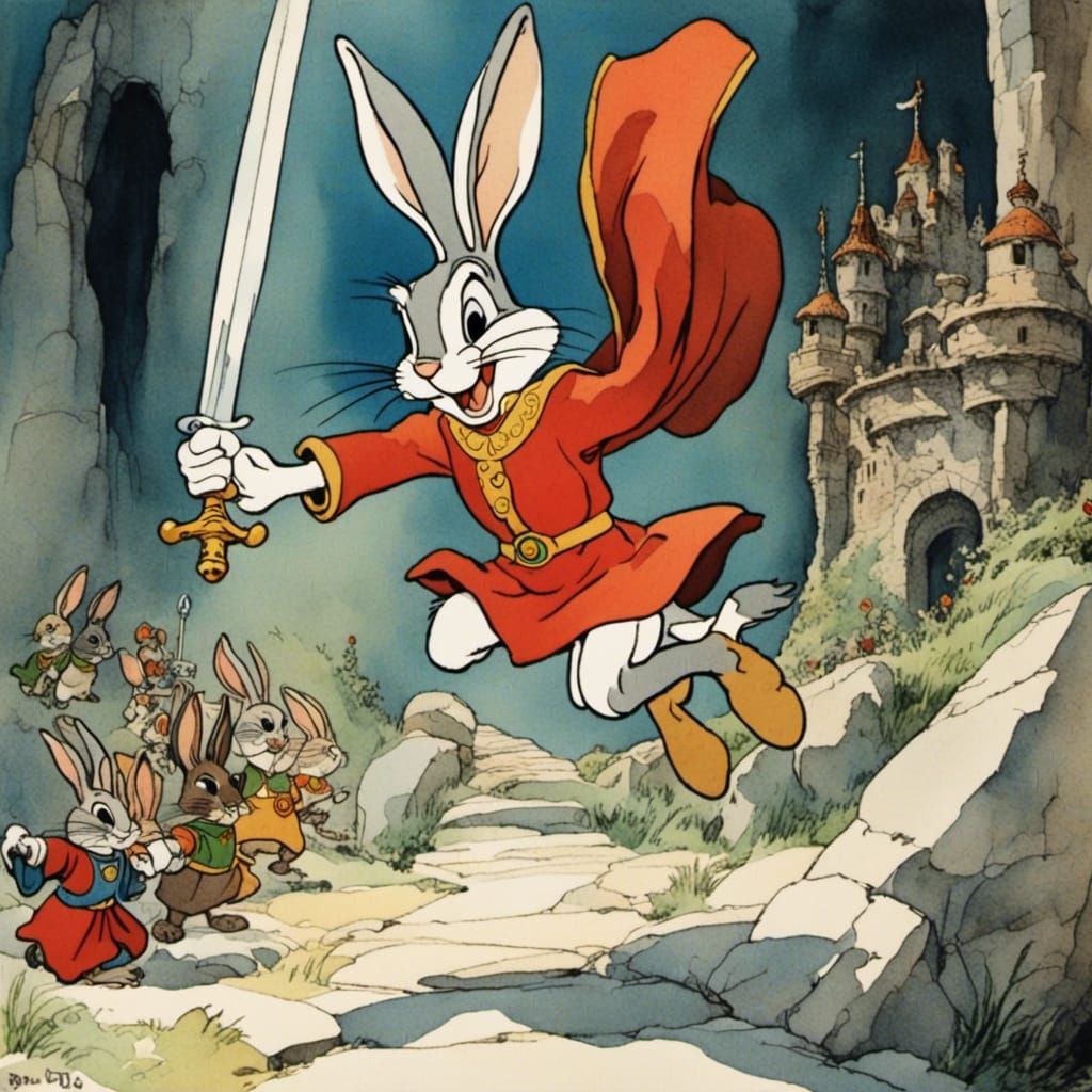 Bugs Bunny as King Arthur in Watercolor Style