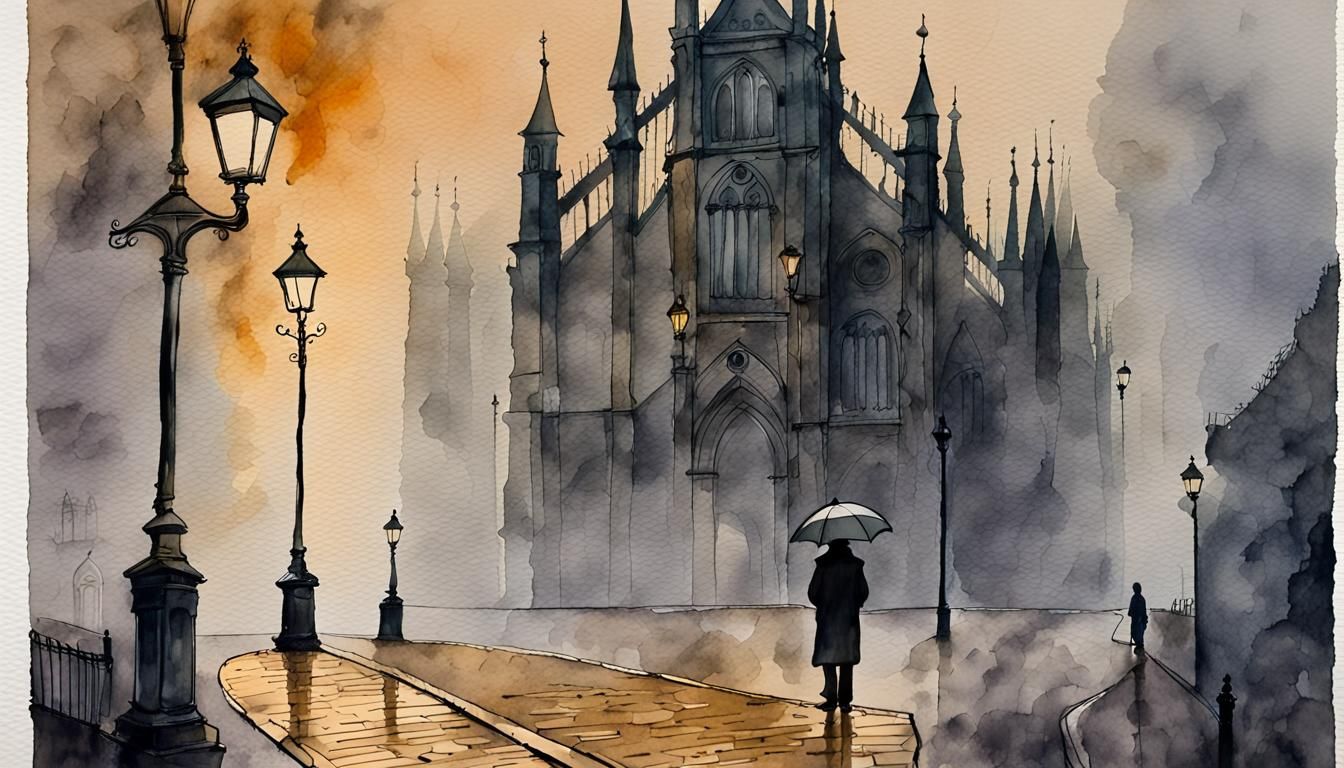 Gloomy Cathedral at Night in Moody Watercolor Art