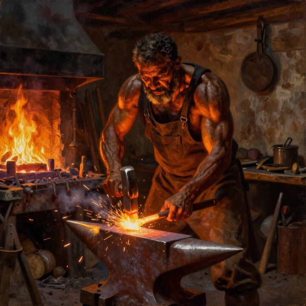 Grizzled Blacksmith Forging Metal in Dramatic Oil Painting S...