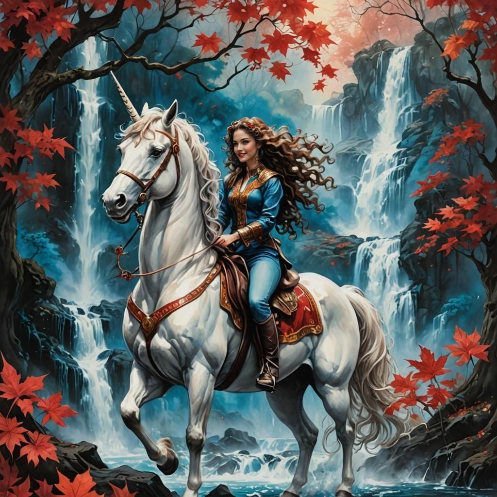 Woman Rides Unicorn by Magic Waterfall