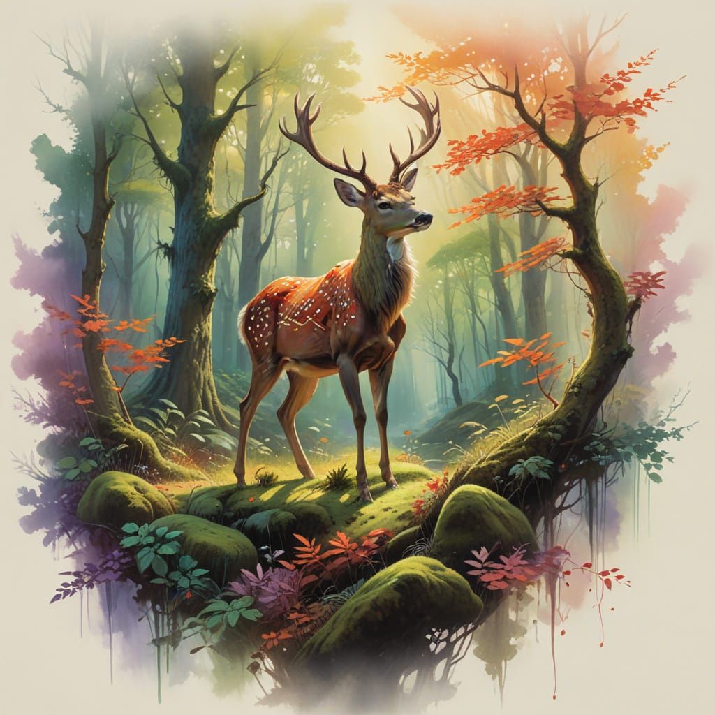 Enchanted Deer in Ancient Woodland Scene