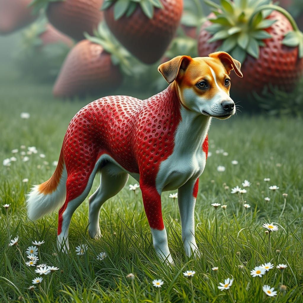 Fantastical Strawberry Dog in Whimsical Garden Scene